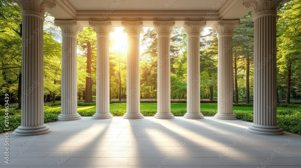 Fototapeta premium Sunlight streams through colonnade into lush park