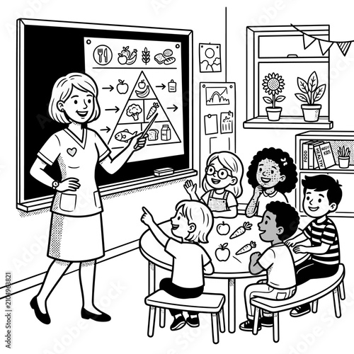 Health educator teaching nutrition and food pyramid to kids.