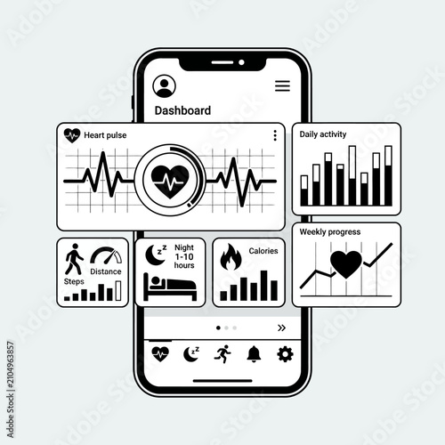 Health monitoring mobile app dashboard with heart rate data.