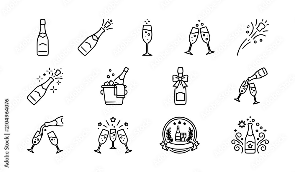 Fototapeta premium Champagne line icons vector set with bottle, flute, pouring, toast, bucket, bow, and celebration badge designs in outline style