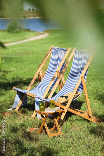 Two striped wooden deck cha...