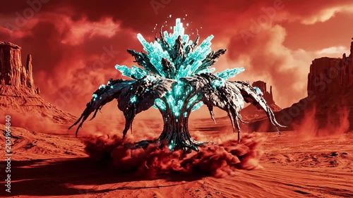 Giant alien spacecraft floating above red desert valley