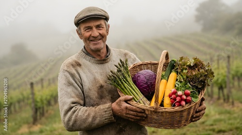 Organic Farmer Presenting Seasonal Vegetables in Vineyard Landscape