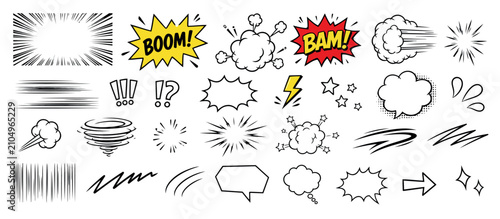 Hand drawn comic book sound effects and speech bubbles.
