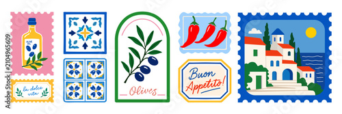 Italy amalfi coast capri riviera dolce vita summer travel postage stamps labels stickers. Mediterranean food olive oil chili pepper ceramic tile landscape. Aesthetic kitchen decor wall poster
