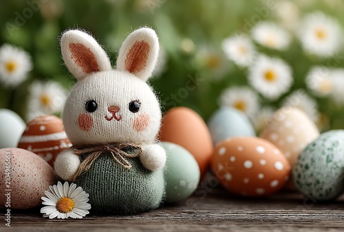 Whimsical knitted easter bunny with green overalls amidst painted eggs and daisies