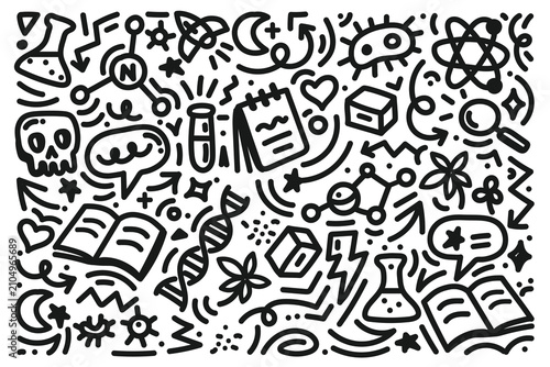 Playful Science Doodle with DNA, Atom, and Lab Icons