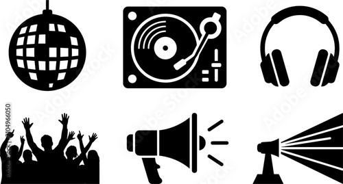 DJ Party and Nightclub Music Icon Set with Disco Ball, Turntable Vinyl Player, Headphones, Megaphone, Crowd, and Stage Spotlight Silhouette Vectors