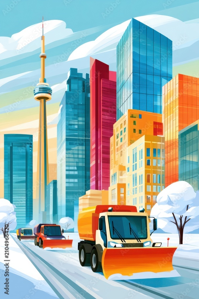 Obraz premium Autonomous snowplow trucks clearing winter city streets beside Toronto skyline and modern skyscrapers