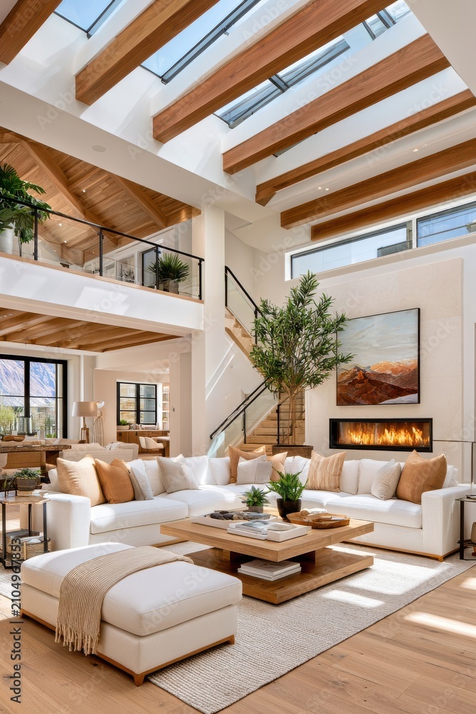 Obraz premium Bright luxury living room with skylights, wood beams, fireplace and modern open-plan design for family comfort