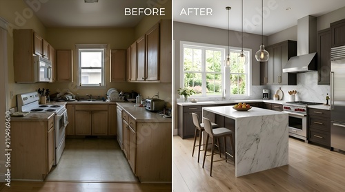 Kitchen renovation before and after: drab to luxurious. Modern island, marble counters.