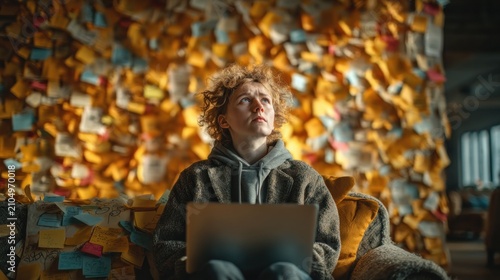 Obraz na płótnie Man sitting on a couch with a laptop procrastination