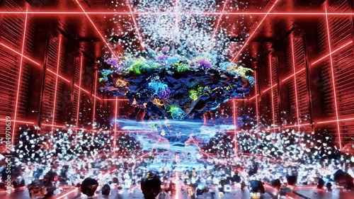 Glowing coral structure in futuristic neon grid room hall.