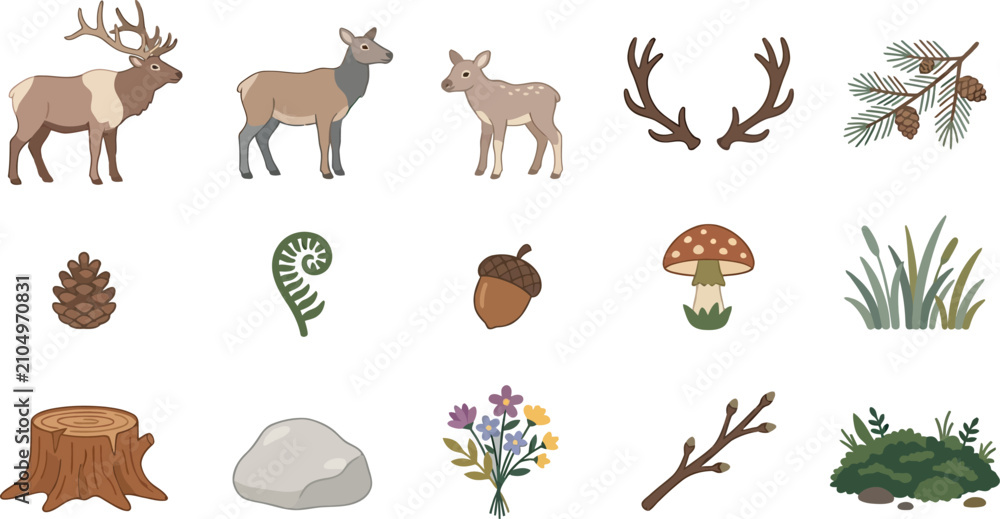 Obraz premium Collection of cute, flat-style Scandinavian forest elements including elk, pinecone, mushroom, and wildflowers.