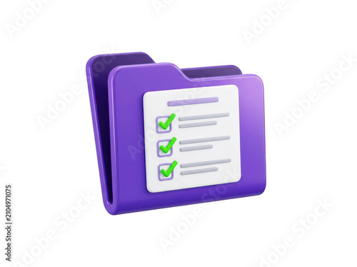 3d render of a purple folder with a checklist document isolated on transparent background