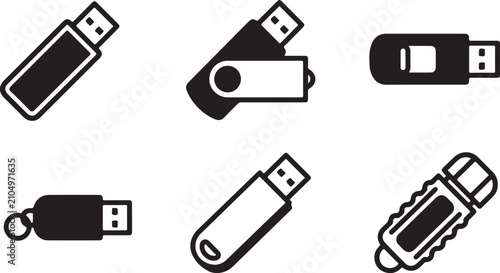 Six different usb flash drive icons in black and white Vector