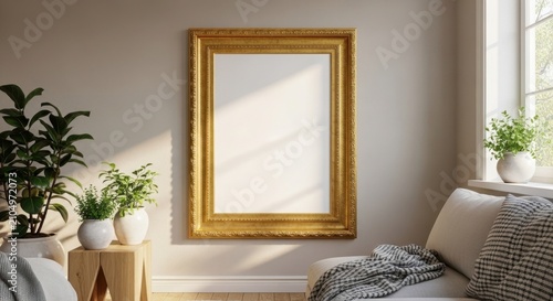 Empty Gold Picture Frame on Bedroom Wall with Plants.