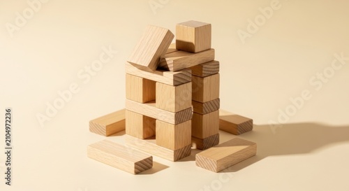 Wooden building blocks arranged in a creative structure.