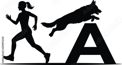 Photos Active woman handler running alongside german shepherd dog jumping over aframe o