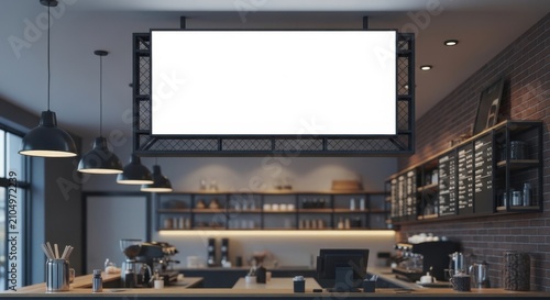 Modern cafe interior with blank digital display screen.