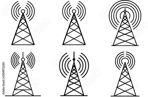 Set of black signal tower icons and radio antenna symbols for wireless communication network and telecommunication technology connectivity