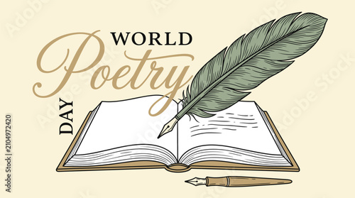World Poetry Day celebration design with an open book and a vintage feather quill pen