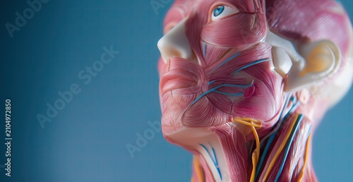 Detailed human head and neck anatomical model showcasing facial muscles, nerves, and blood vessels for medical education and biological study