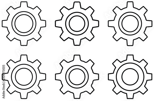 Gear setting vector icon set. Isolated black gears mechanism and cog wheel on white background. Progress or construction concept. Cogwheel icons UI vector.
