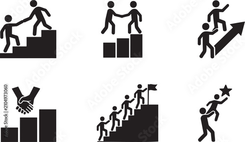 Stages of career growth, business success ladder climbing with teamwork and achievement, silhouettes