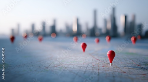 Map showing red GPS location pins on city streets with urban buildings in background, navigating, travel, and route planning concept