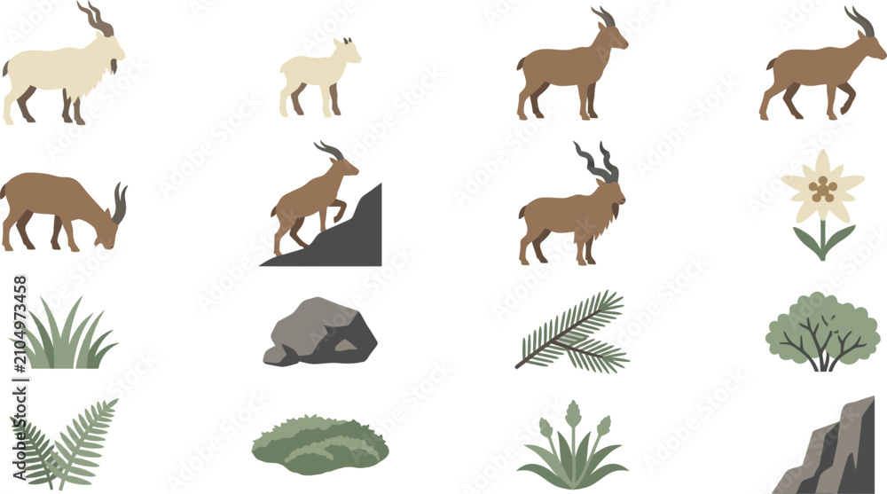 Obraz premium Collection of flat vector illustrations of ibex goats, rocky mountain landscapes, and alpine plants for design