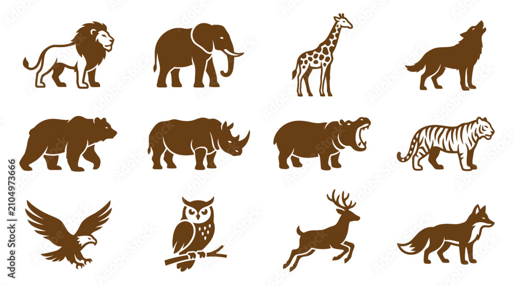 Obraz premium Collection of brown silhouette wild animal vector icons featuring diverse forest and safari creatures for creative design projects