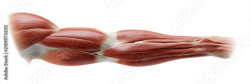 Human arm anatomy illustrating skeletal muscles, tendons, and structure, showing strength, fitness, and biological concepts on a clean white background