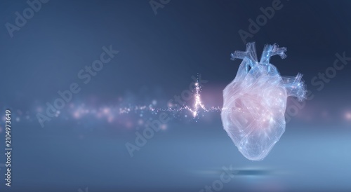Digital human heart model showing a glowing electrocardiogram waveform and connected data, representing advanced medical technology and cardiological diagnostics