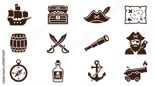 Konstfotografi Pirate adventure vector icon set featuring treasure map, sailing ship, anchor, a