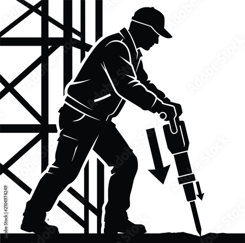 Fotografie Construction worker silhouette using a heavy jackhammer tool to drill asphalt on