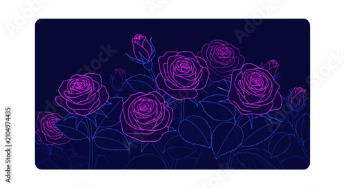 Fotografi Glowing purple roses with neon outlines on dark background