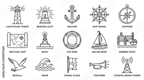 Принти на полотні Nautical line icons set, maritime sea symbols collection with lighthouse and anc