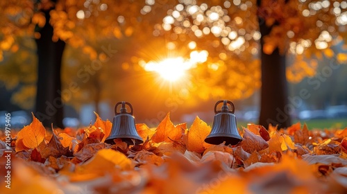 Two dark bells in autumn leaves, sunset glow