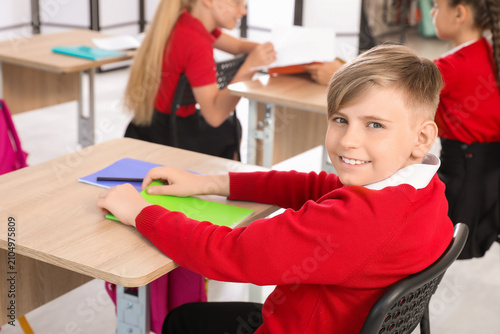 Little schoolboy sitting at...