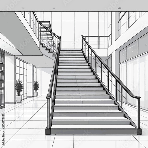Modern corporate office lobby interior stairs vector illustration. Empty open plan building hallway with staircase line art sketch.