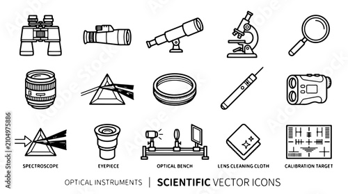 Konstfotografi Scientific optical instruments vector icons set, laboratory equipment line art,