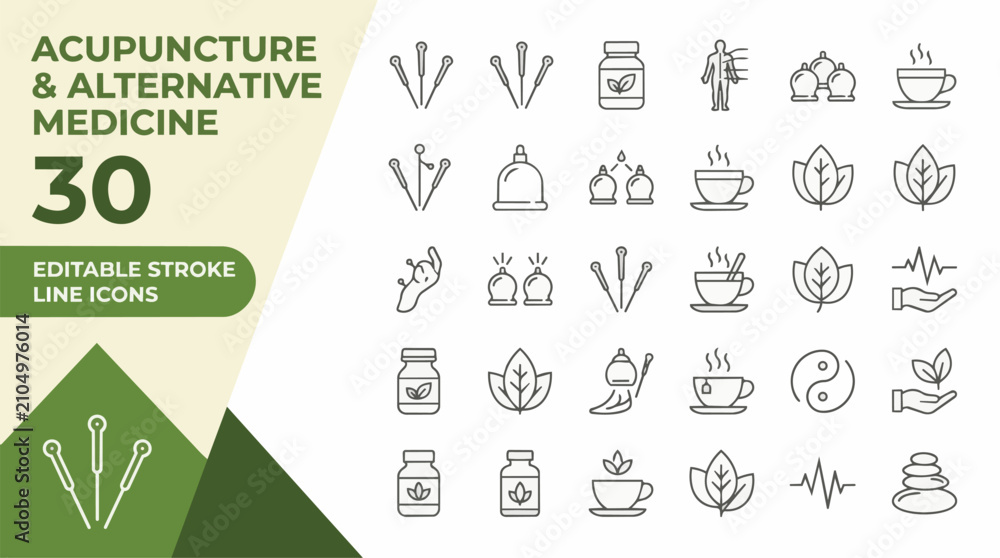 Fototapeta premium Acupuncture and alternative medicine line icon set on transparent background Editable Stroke.