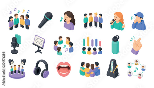 Foto Colorful flat design icons of music and performance activities.