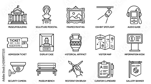 Obraz na plátně Museum and art gallery line icons, set of 15 exhibition and cultural heritage ve