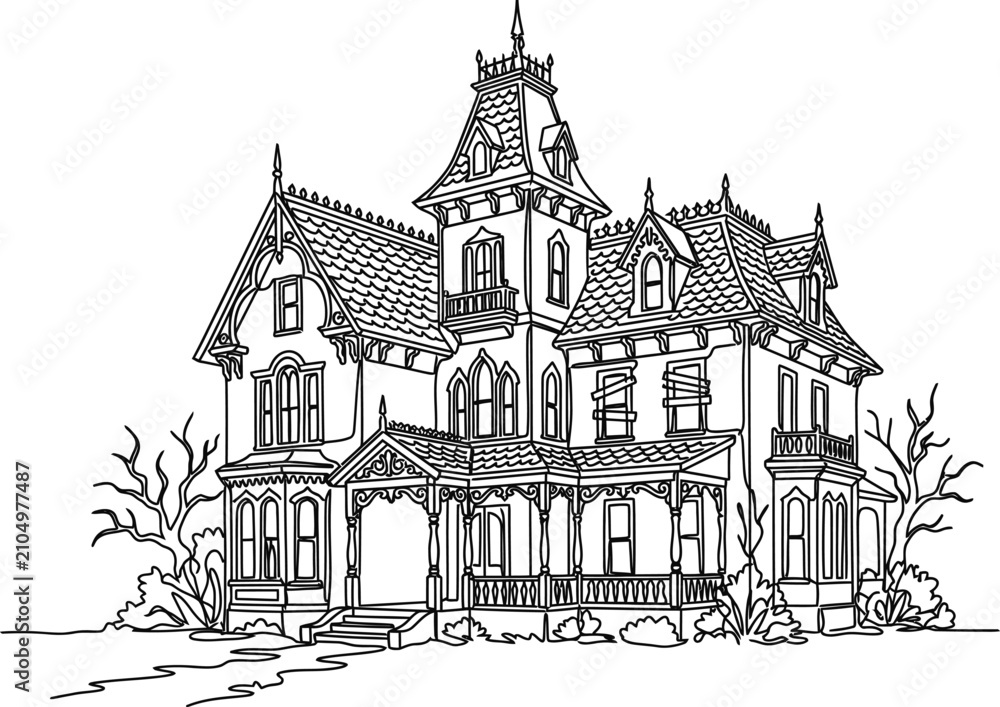 Naklejka premium Detailed ink drawing of a vintage Victorian haunted mansion house.