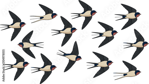 Foto Seamless background pattern with cartoon barn swallows migration flying in the s
