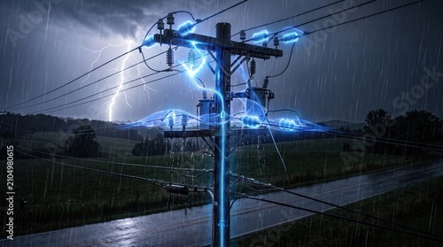 thunderstorm at night with heavy rain, capturing a power utility pole being struck by lightning and experiencing intense electrical arcing.