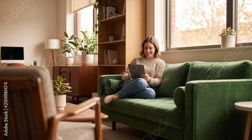 Smiling Young Woman Using Tablet while Relaxing on a Green Velvet Sofa in a Sunlit Modern Living Room with Houseplants