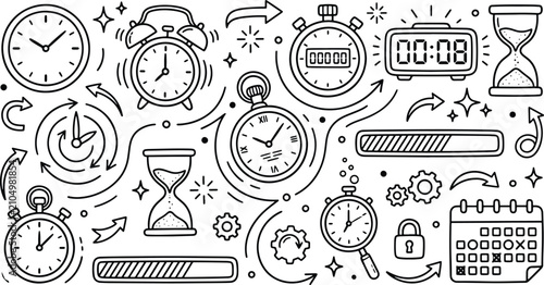 Schilderij op canvas Time management and productivity doodle icon collection with management schedule
